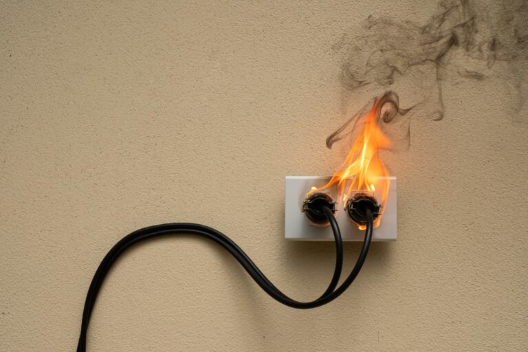 wall electrical socket on fire